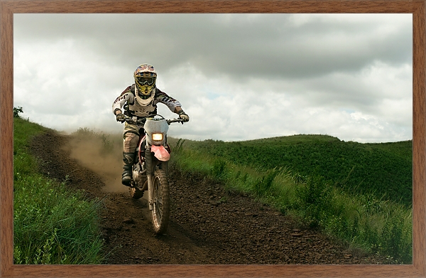 Постер Мотоциклист на грунтовой дороге в поле с типом исполнения На холсте в раме в багетной раме 1727.4310