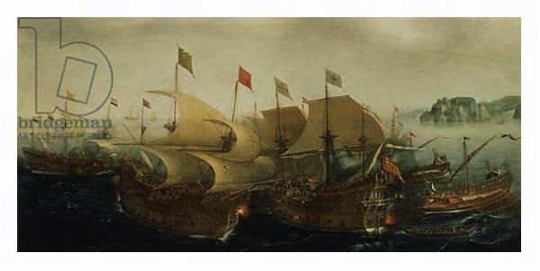 Постер A Sea Action, possibly the Battle of Cadiz, 1596 с типом исполнения На холсте в раме в багетной раме 221-03