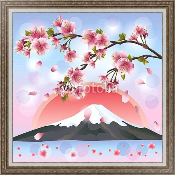 Постер Японский пейзаж с горами и сакурой с типом исполнения На холсте в раме в багетной раме 595.M52.330