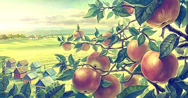 Постер Летний пейзаж и яблоки с типом исполнения На холсте без рамы