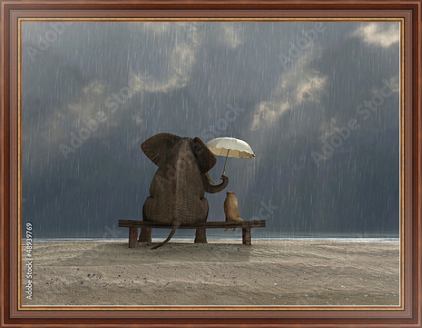 Постер Слон и собака под зонтом с типом исполнения На холсте в раме в багетной раме 35-M719P-83