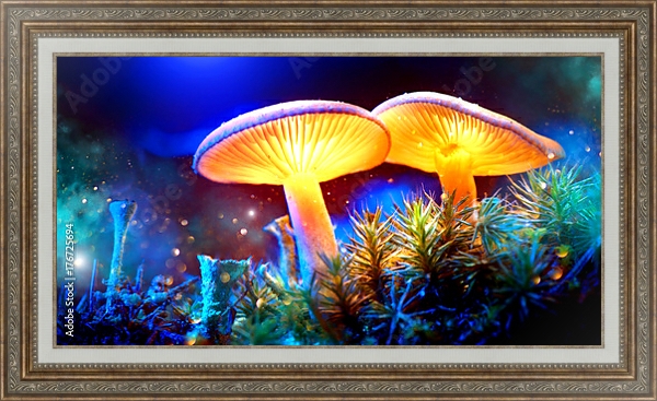 Постер Два светящихся гриба в загадочном темном лесу с типом исполнения На холсте в раме в багетной раме 595.M52.330