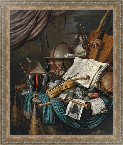 Постер A globe, a casket of jewels and medallions, books, a hurdy-gurdy, a bagpipe, a lute, a violin, an upturned silver tazza and roemer, a nautilus shell, a recorder, a shawm, a print with a self-portrait of the artist and a musical score on a draped table, a с типом исполнения На холсте в раме в багетной раме 484.M48.310