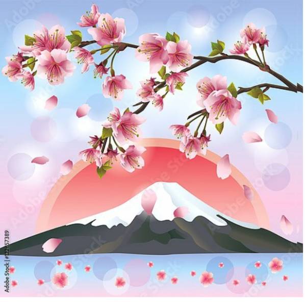 Постер Японский пейзаж с горами и сакурой с типом исполнения На холсте без рамы