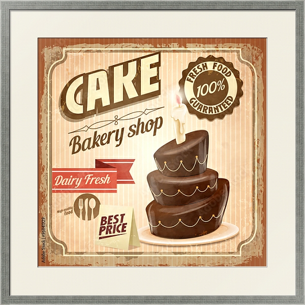 Постер Ретро плакат с шоколадным тортом с типом исполнения Под стеклом в багетной раме 1727.2510