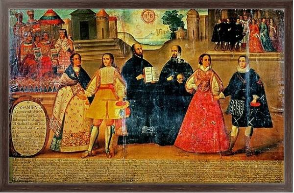 Постер Double wedding between two Inca women and two Spaniards in 1558, c.1750 с типом исполнения На холсте в раме в багетной раме 221-02