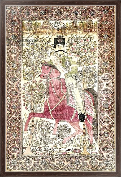 Постер An antique silk Kashan 'mochtasham' pictorial rug, depicting the mounted figure of Naser al-Din Shah, с типом исполнения На холсте в раме в багетной раме 221-02