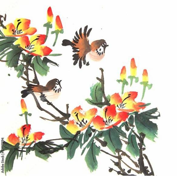 Постер Китайские птички на цветущем кусте с типом исполнения На холсте без рамы