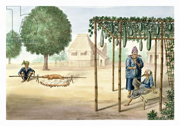 Постер Village Scene near Manila, from 'The Flebus Album of Views In and Around Manila', c.1845 с типом исполнения На холсте в раме в багетной раме 221-03