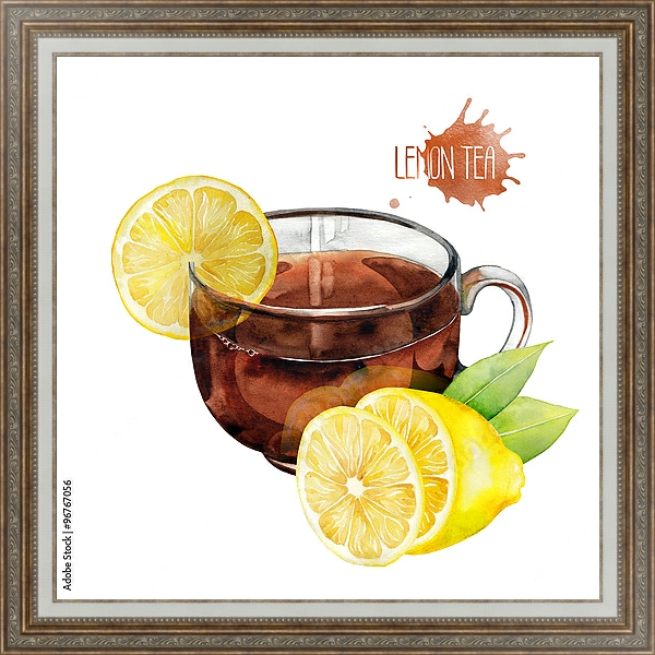 Постер Акварельная чашка чая с лимоном с типом исполнения На холсте в раме в багетной раме 595.M52.330