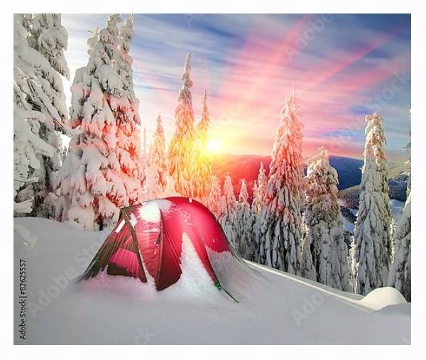 Постер Палатка в заснеженном лесу с типом исполнения На холсте в раме в багетной раме 221-03
