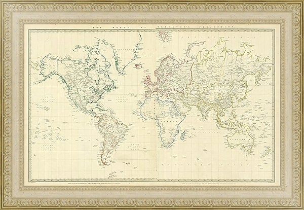 Постер Карта мира в проекции Меркатора, 1843 г. 1 с типом исполнения Акварель в раме в багетной раме 484.M48.725