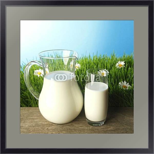 Постер Стакан и графин молока на цветочном лугу с типом исполнения Под стеклом в багетной раме 221-01