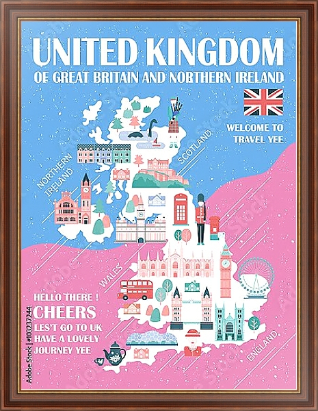 Постер Соединенное Королевство, карта путешествий 2 с типом исполнения На холсте в раме в багетной раме 35-M719P-83