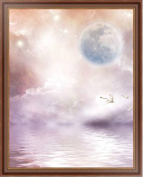 Постер Лебеди между водой и луной с типом исполнения На холсте в раме в багетной раме 35-M719P-83