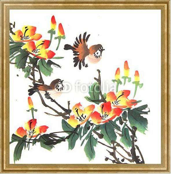 Постер Китайские птички на цветущем кусте с типом исполнения На холсте в раме в багетной раме NA033.1.051