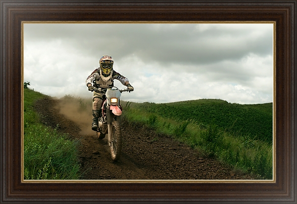Постер Мотоциклист на грунтовой дороге в поле с типом исполнения На холсте в раме в багетной раме 1.023.151