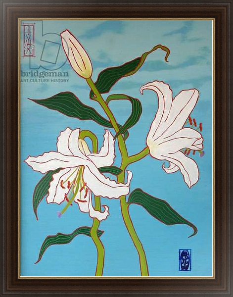Постер White lily on a blue background, 2010, oil on wood с типом исполнения На холсте в раме в багетной раме 1.023.151