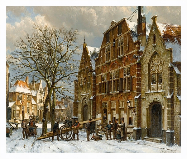 Постер Winter Street Scene, Oudewater с типом исполнения На холсте в раме в багетной раме 221-03