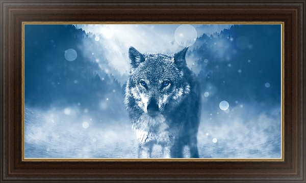 Постер Волк на фоне снежного леса с типом исполнения На холсте в раме в багетной раме 1.023.151