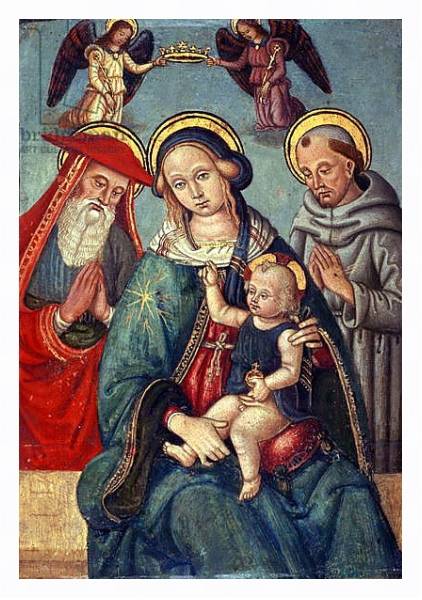Постер Madonna and Child being crowned by two Angels, with St. Jerome and St. Francis, c.1500 с типом исполнения На холсте в раме в багетной раме 221-03