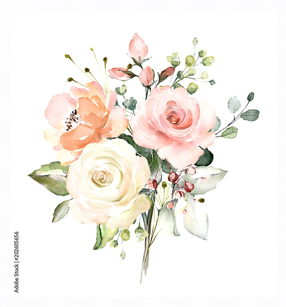Постер Акварельный букет бело-розовых роз с типом исполнения На холсте в раме в багетной раме 221-03