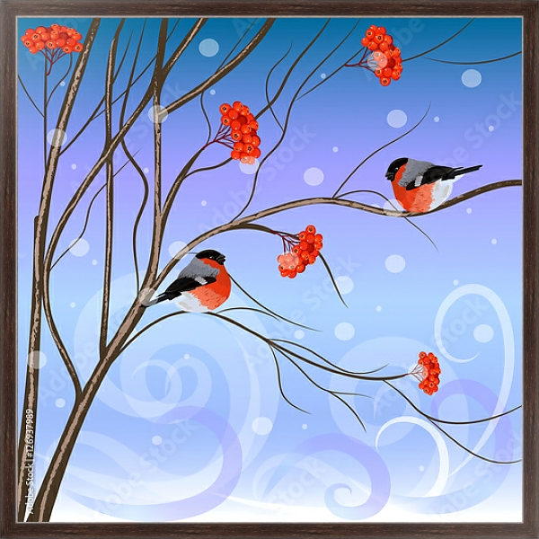 Постер Зимняя рябина со снегирями с типом исполнения На холсте в раме в багетной раме 221-02