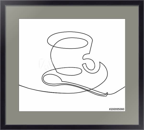 Постер чашка кофе с чайной ложкой - непрерывный рисунок из линии с типом исполнения Под стеклом в багетной раме 221-01