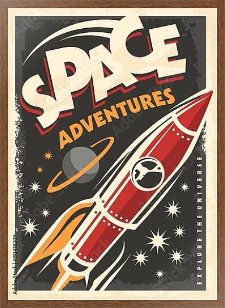 Постер Космические приключения, ретро-постер с космическим кораблем, исследующим вселенную с типом исполнения На холсте в раме в багетной раме 1727.4310
