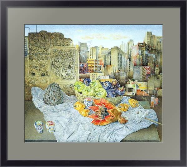 Постер Still Life with Papaya and Cityscape, 2000 с типом исполнения Под стеклом в багетной раме 221-01