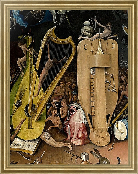 Постер The Garden of Earthly Delights: Hell, detail of musical instuments, c.1500 с типом исполнения На холсте в раме в багетной раме NA033.1.051