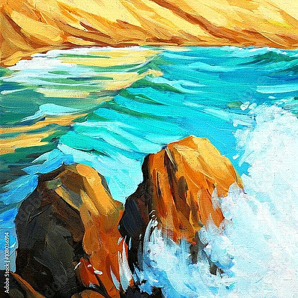 Постер Морской пейзаж с волнами и скалами  с типом исполнения На холсте без рамы