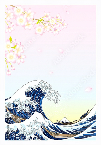 Постер Большие волны и цветы вишни с типом исполнения На холсте в раме в багетной раме 221-03