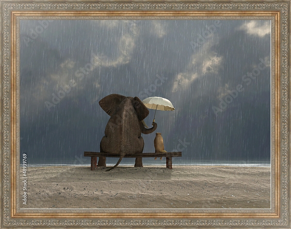 Постер Слон и собака под зонтом с типом исполнения На холсте в раме в багетной раме 484.M48.310