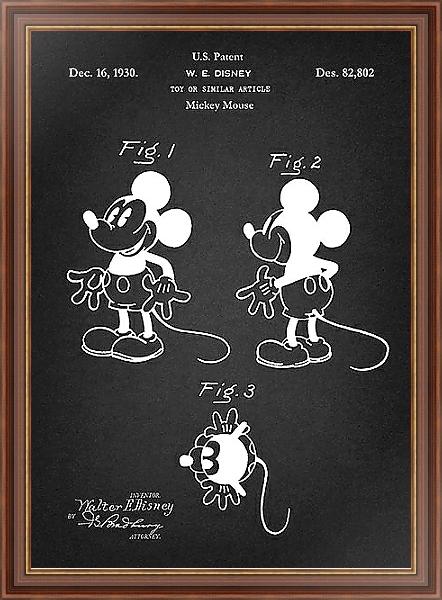 Постер Патент на героя Mickey Mouse, Disney, 1930г с типом исполнения На холсте в раме в багетной раме 35-M719P-83