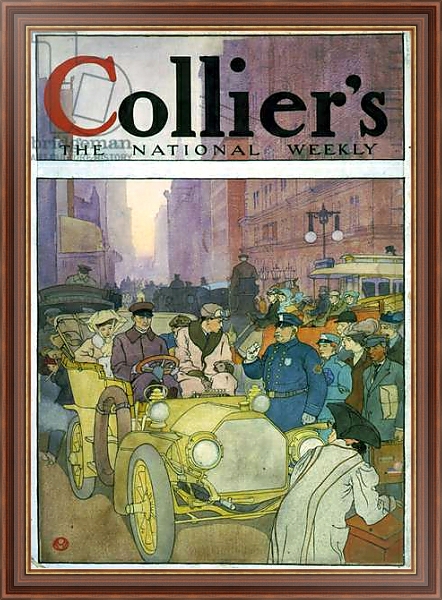 Постер Automobile in crowded street. Watercolour by Edward Penfield, 1866-1925, artist, 1907. с типом исполнения На холсте в раме в багетной раме 35-M719P-83