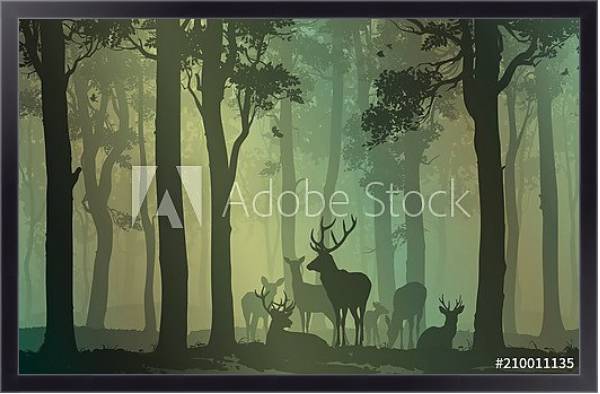 Постер Силуэты оленей в зеленом лесу с типом исполнения На холсте в раме в багетной раме 221-01