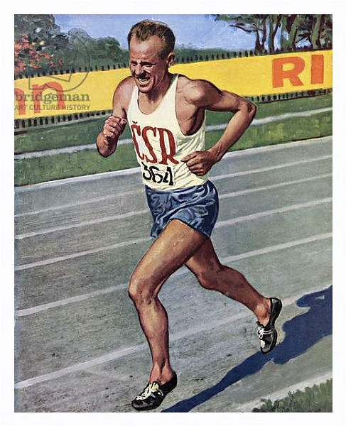 Постер Emil Zatopek of Czechoslovakia, Olympic Gold medalist in the 10,000 m. race at the 1948 London Olympics с типом исполнения На холсте в раме в багетной раме 221-03