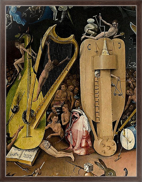 Постер The Garden of Earthly Delights: Hell, detail of musical instuments, c.1500 с типом исполнения На холсте в раме в багетной раме 221-02.QA