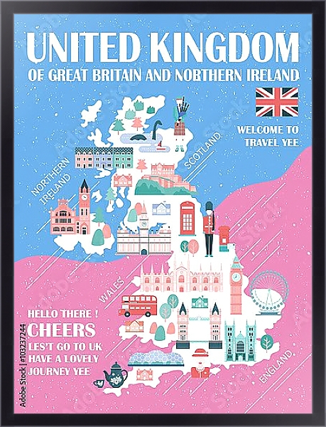 Постер Соединенное Королевство, карта путешествий 2 с типом исполнения На холсте в раме в багетной раме 221-01