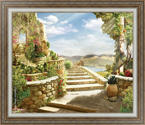 Постер Итальянский средиземноморский пейзаж №4 с типом исполнения На холсте в раме в багетной раме 595.M52.330