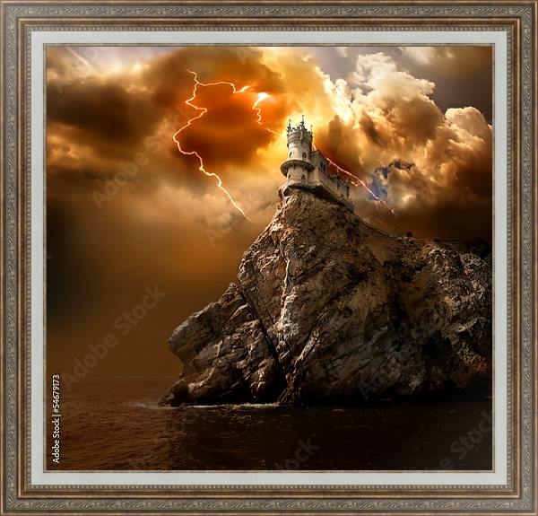 Постер Крым, замок Ласточкино гнездо. Гроза с типом исполнения На холсте в раме в багетной раме 595.M52.330