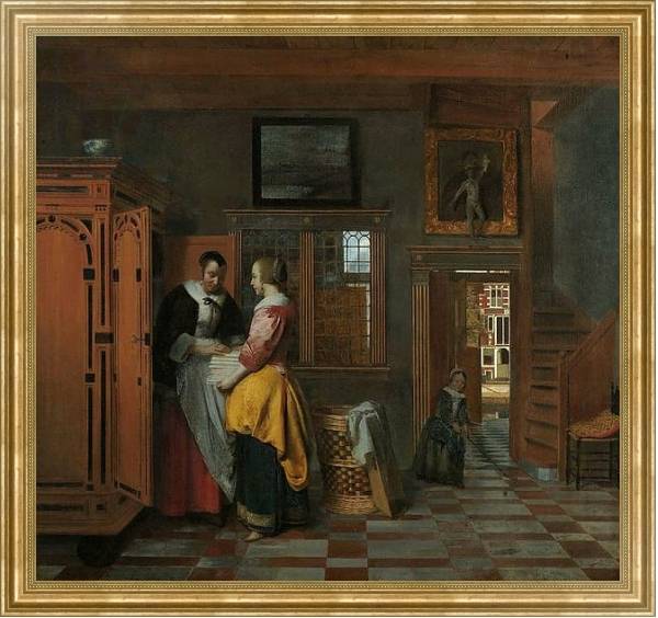 Постер Interior with Women beside a Linen Cupboard, 1663 с типом исполнения На холсте в раме в багетной раме NA033.1.051