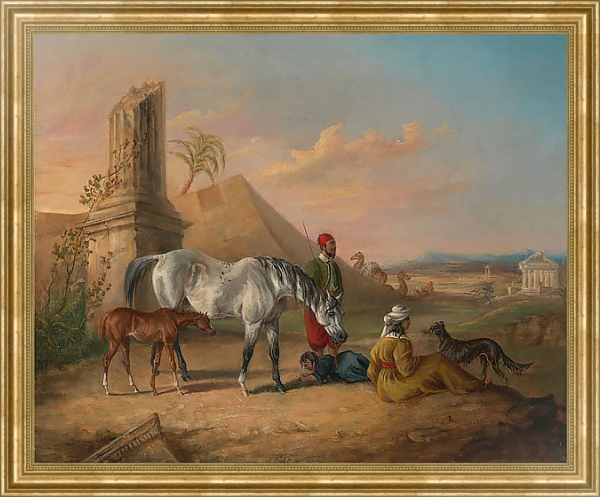 Постер Серая арабская кобыла и жеребенок с семьей с типом исполнения На холсте в раме в багетной раме NA033.1.051