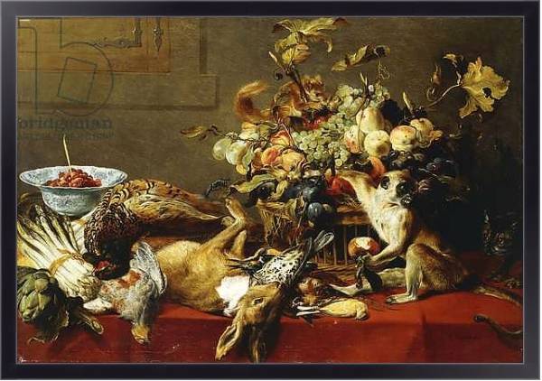 Постер A Basket of Fruit on a Draped Table with Dead Game and a Monkey, с типом исполнения На холсте в раме в багетной раме 221-01