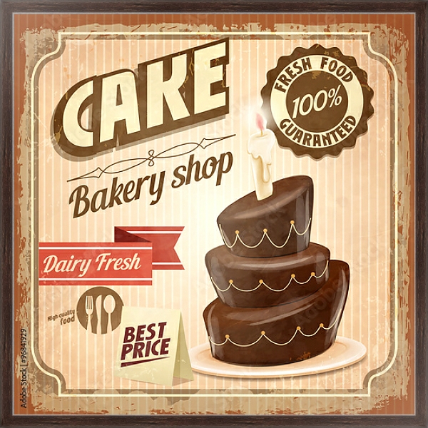 Постер Ретро плакат с шоколадным тортом с типом исполнения На холсте в раме в багетной раме 221-02