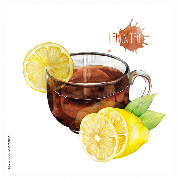 Постер Акварельная чашка чая с лимоном с типом исполнения На холсте в раме в багетной раме 221-03