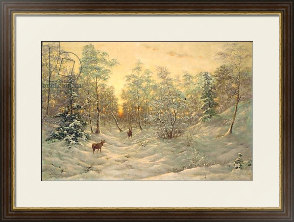 Постер Deer in a snowy landscape at dusk с типом исполнения Под стеклом в багетной раме 1.023.036