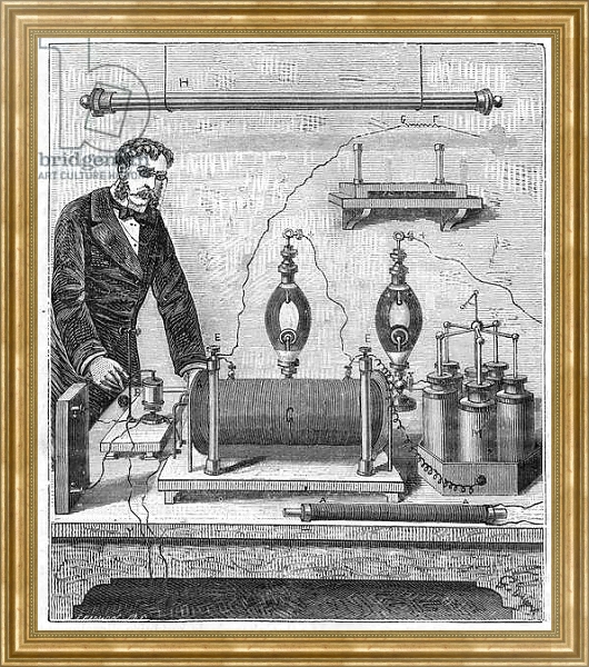 Постер Ruhmkorff inductor - The induction coil by Ruhmkorff - Engraving in “” Sciences made available to everyone - physics and chemistry”” by Alexis Clerc - End 19th century - Private collection с типом исполнения На холсте в раме в багетной раме NA033.1.051