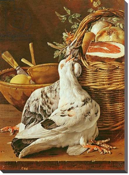 Постер Still Life with pigeons, wicker basket, ham, onions and a lemon с типом исполнения На холсте без рамы